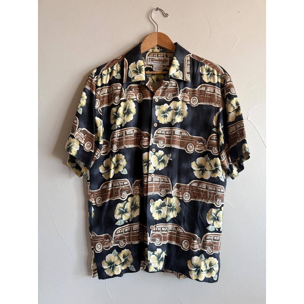 Vintage Honolulu Lulu 100% Silk Hawaiian Shirt Woodie Wagon Hibiscus Flowers S